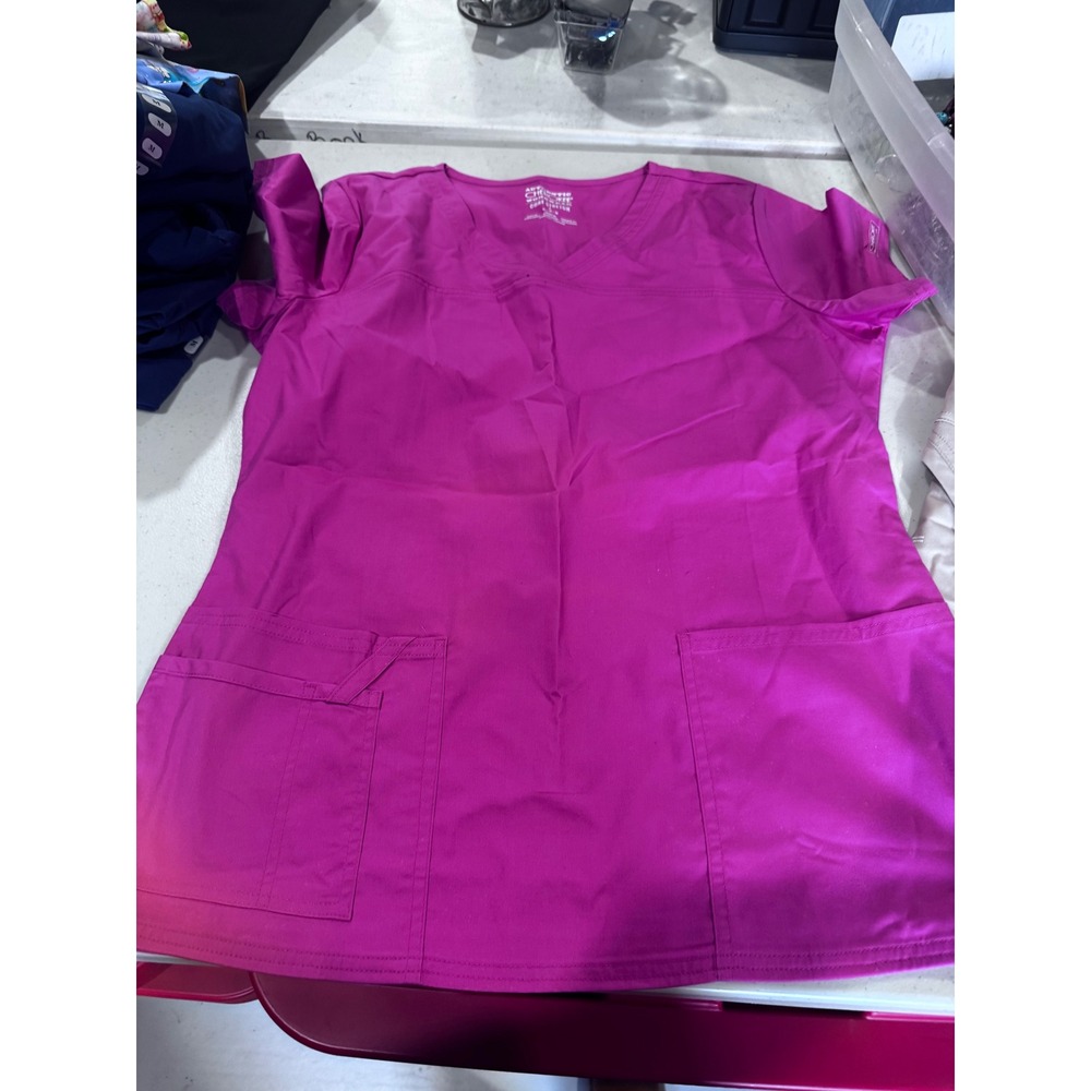 Cherokee Workwear Core Stretch V-Neck Scrub Top Orchid Pink Women Medium